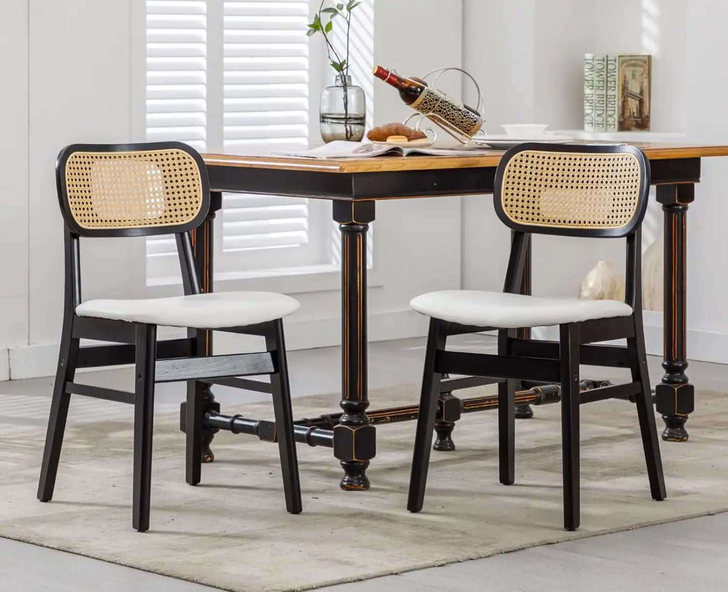 Rattan Dining Chairs Set of 2 Curved Back Farmhouse Dining Room Chairs Mid Century Modern Wood Kitchen Chairs Sherpa Upho