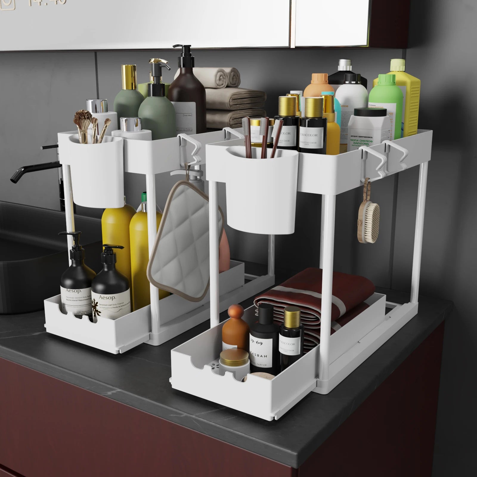 2Pcs 2-Tier Sliding Cabinet Organizer