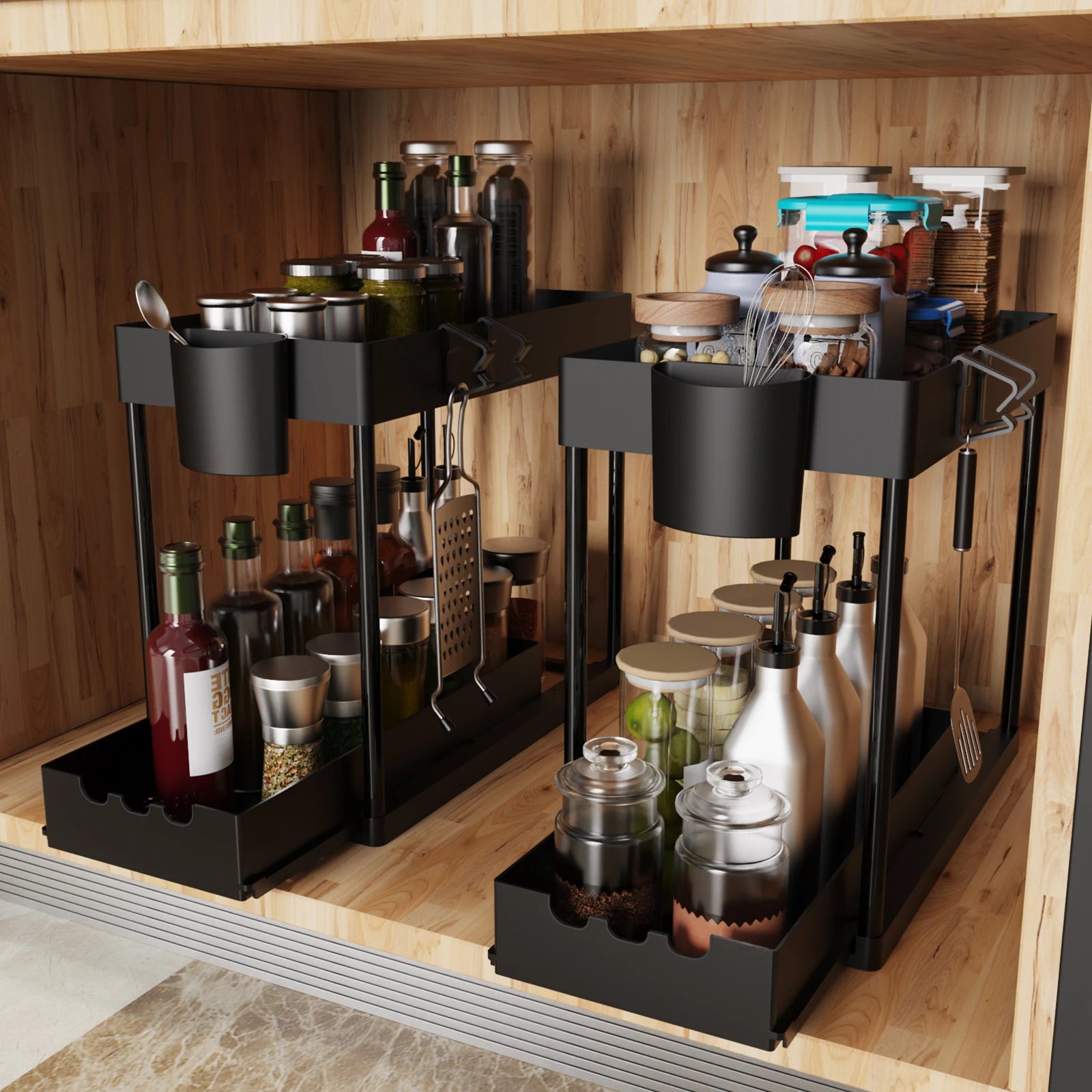 2Pcs 2-Tier Sliding Cabinet Organizer