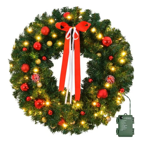 36in Lighted Artificial Christmas Wreath with Warm LED Lights & Timer