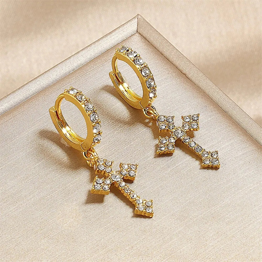 Classic Cross Point-Drill Crystal  Color Earrings
