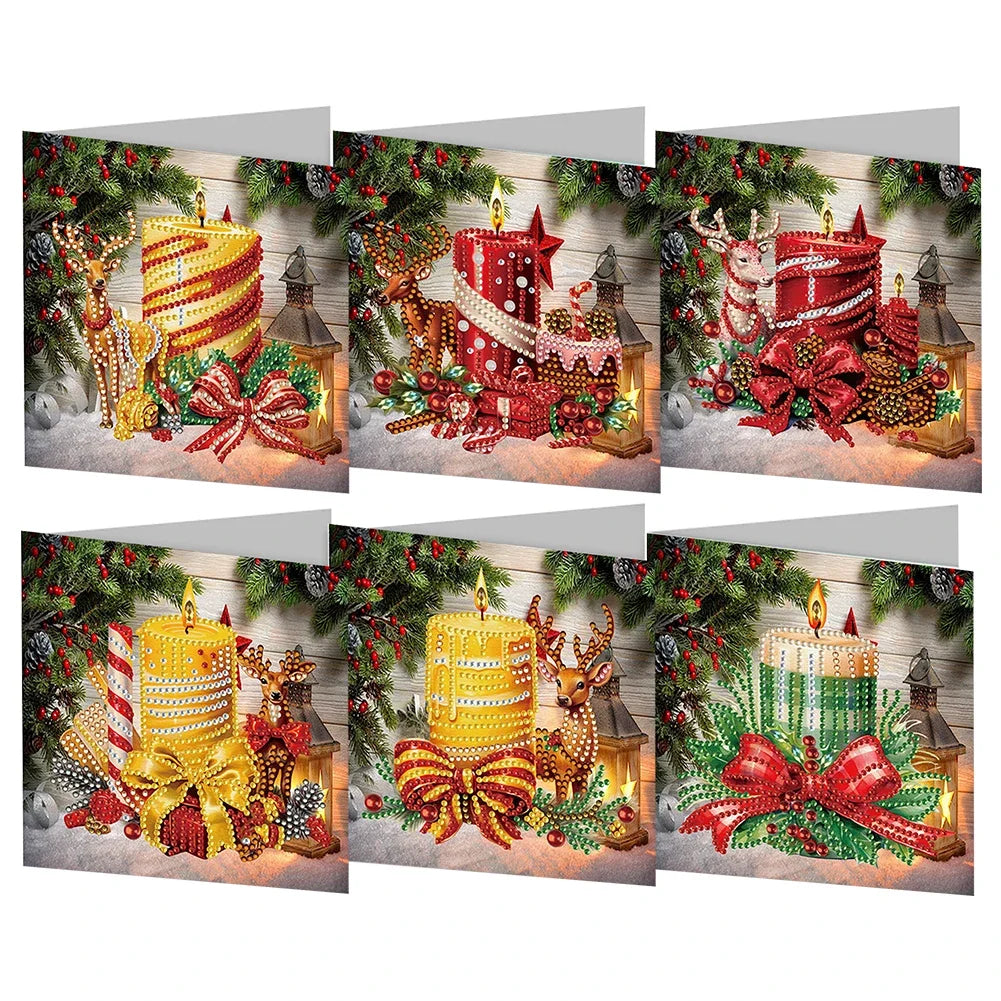 6Pcs Christmas Candle Diamond Handmade Card Rhinestone Painting Card Kit