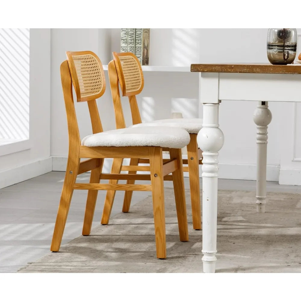 Rattan Dining Chairs Set of 2 Curved Back Farmhouse Dining Room Chairs Mid Century Modern Wood Kitchen Chairs Sherpa Upho