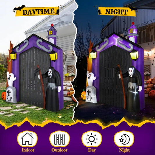 Inflatables Haunted House Castle Archway Outdoor Decorations, Scary Giant Grim Reaper Blow Up Ghost Decorations Holiday Party