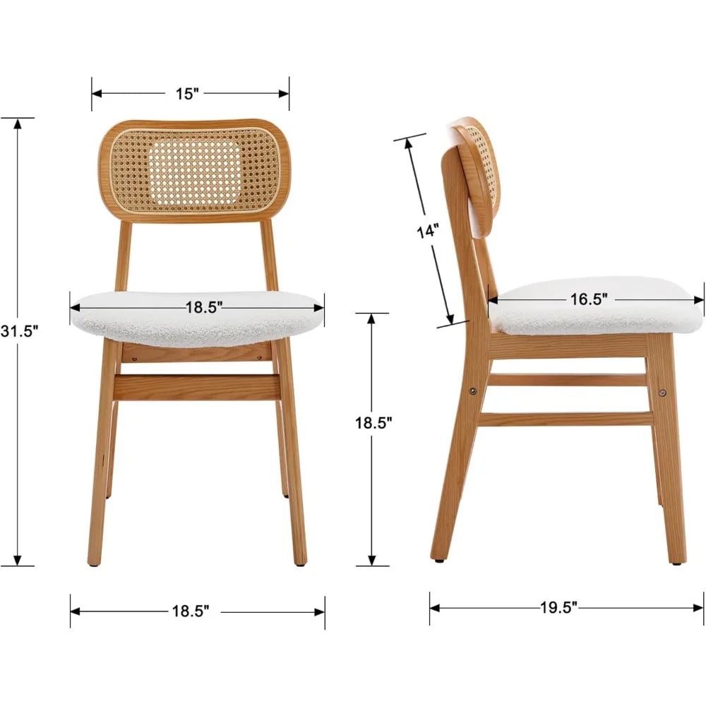 Rattan Dining Chairs Set of 2 Curved Back Farmhouse Dining Room Chairs Mid Century Modern Wood Kitchen Chairs Sherpa Upho