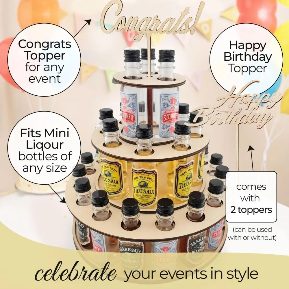 party centerpiece display for mini liquor bottles | 21st birthday holiday celebration decoration (three tier, natural wood)