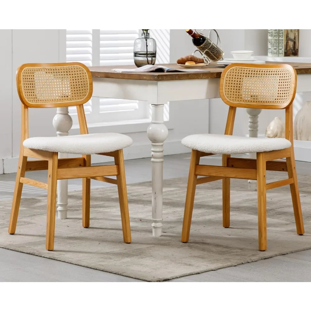 Rattan Dining Chairs Set of 2 Curved Back Farmhouse Dining Room Chairs Mid Century Modern Wood Kitchen Chairs Sherpa Upho