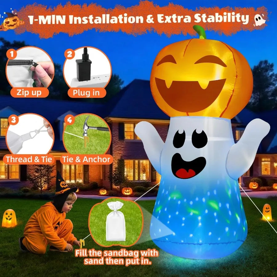 5FT Halloween Inflatables Pumpkin Ghost with Builtin 3Pattern Colorful Flashing Light for Indoor Outdoor Home Holiday Party Yar