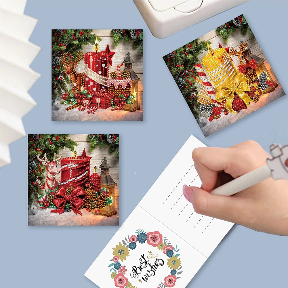 6Pcs Christmas Candle Diamond Handmade Card Rhinestone Painting Card Kit