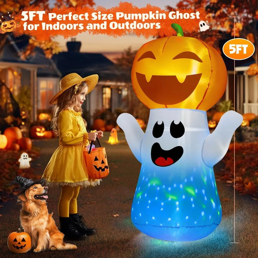 5FT Halloween Inflatables Pumpkin Ghost with Builtin 3Pattern Colorful Flashing Light for Indoor Outdoor Home Holiday Party Yar