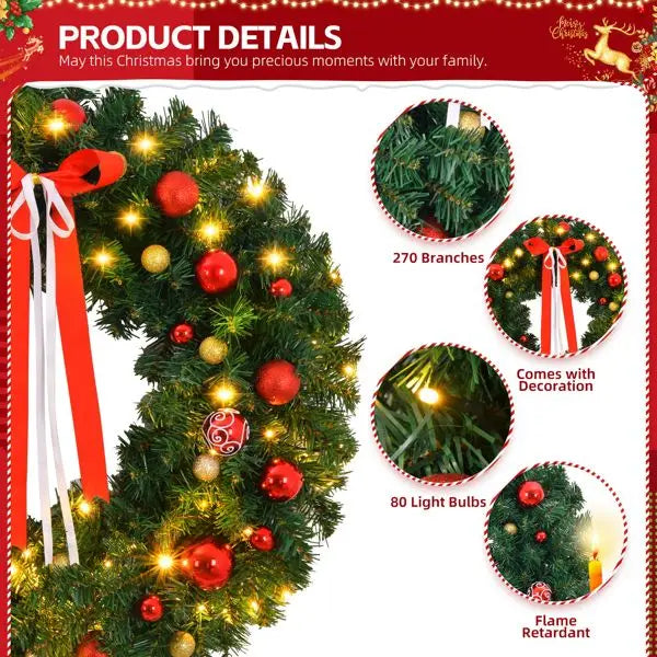 36in Lighted Artificial Christmas Wreath with Warm LED Lights & Timer