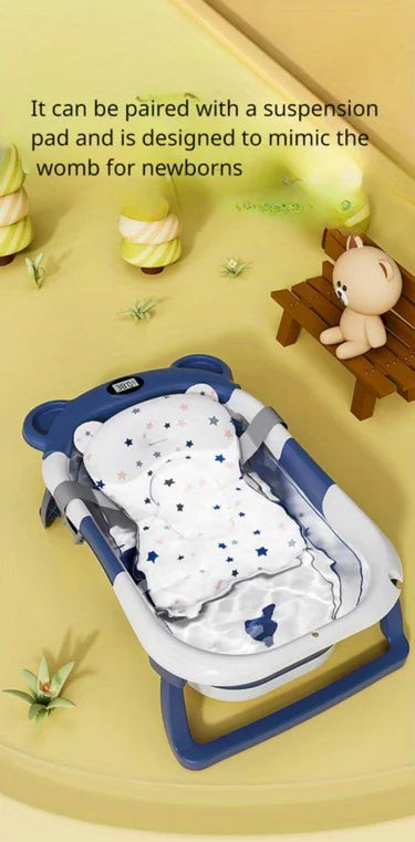 Folding Baby Bath Tub with Temperature Gauge and Cushion for 0-36 Months, Portable and Lightweight for Outdoor Bathing