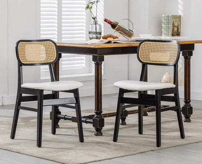 Rattan Dining Chairs Set of 2 Curved Back Farmhouse Dining Room Chairs Mid Century Modern Wood Kitchen Chairs Sherpa Upho