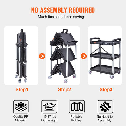 3 Tier Folding Rolling Utility Cart