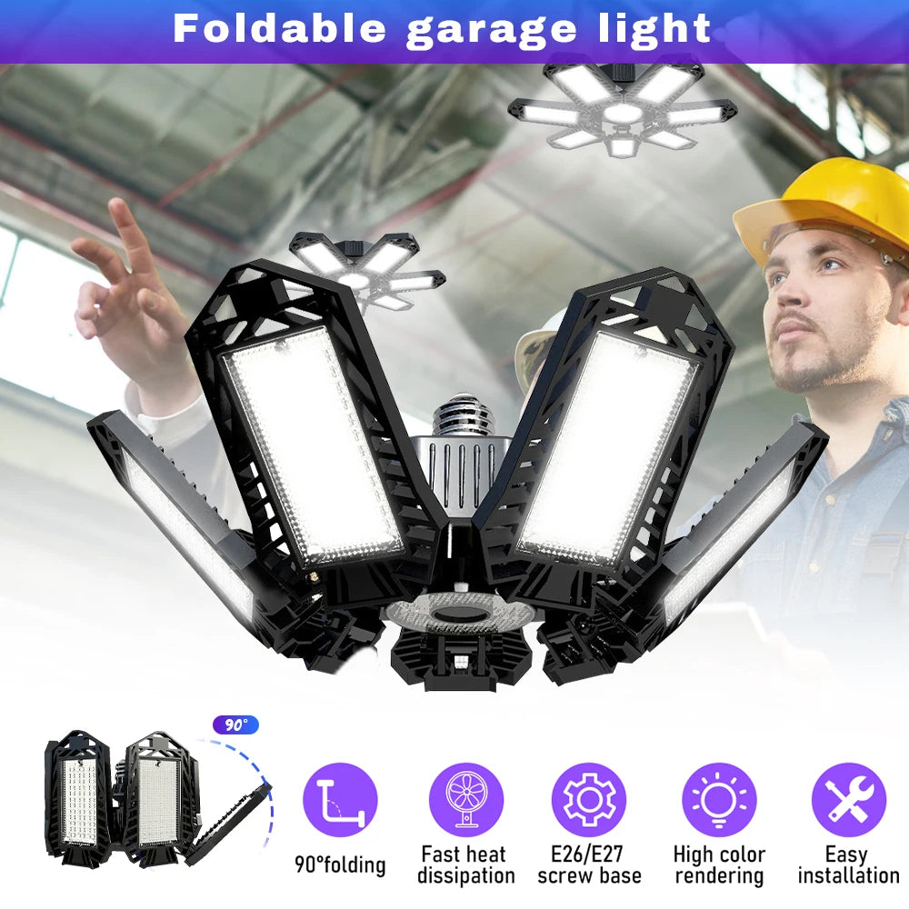 Folding Garage Lighting 120W LED Light E26 E27 Ceiling Lamp LED High Bay Lights UFO Deformable Bulb Garagenleuchte for Workshop