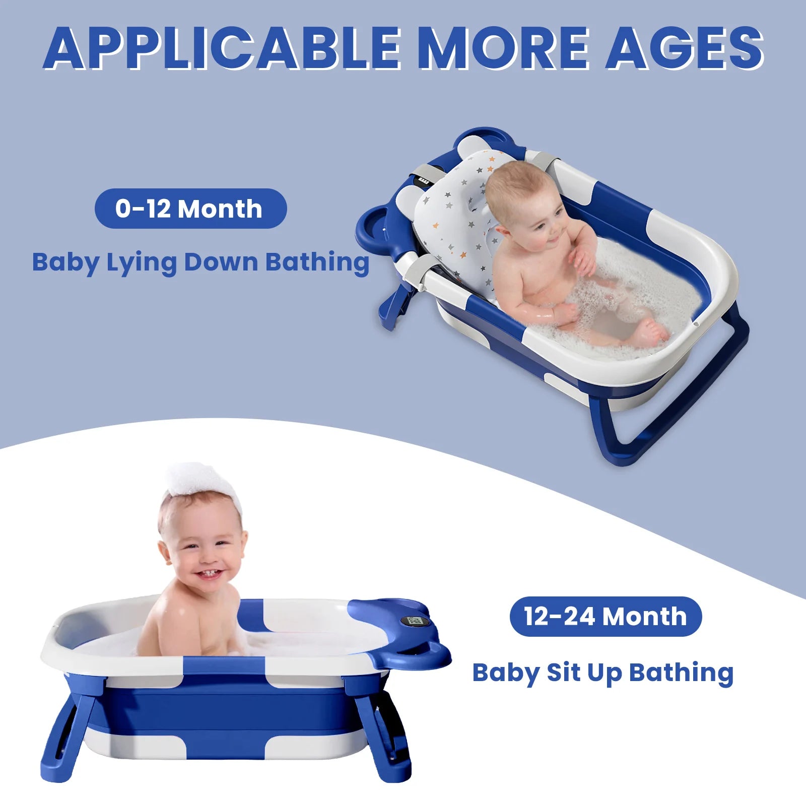 Folding Baby Bath Tub with Temperature Gauge and Cushion for 0-36 Months, Portable and Lightweight for Outdoor Bathing