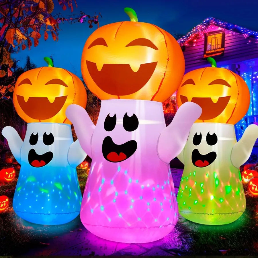 5FT Halloween Inflatables Pumpkin Ghost with Builtin 3Pattern Colorful Flashing Light for Indoor Outdoor Home Holiday Party Yar