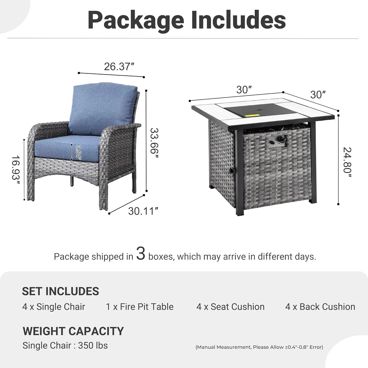 4 Pieces Patio Furniture Set with 30" Fire Pit Table
