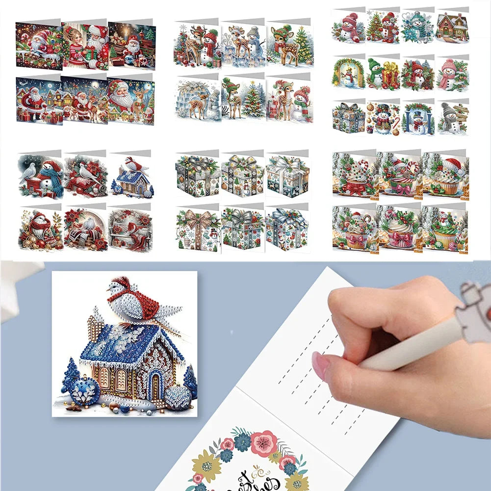 6Pcs Christmas Candle Diamond Handmade Card Rhinestone Painting Card Kit