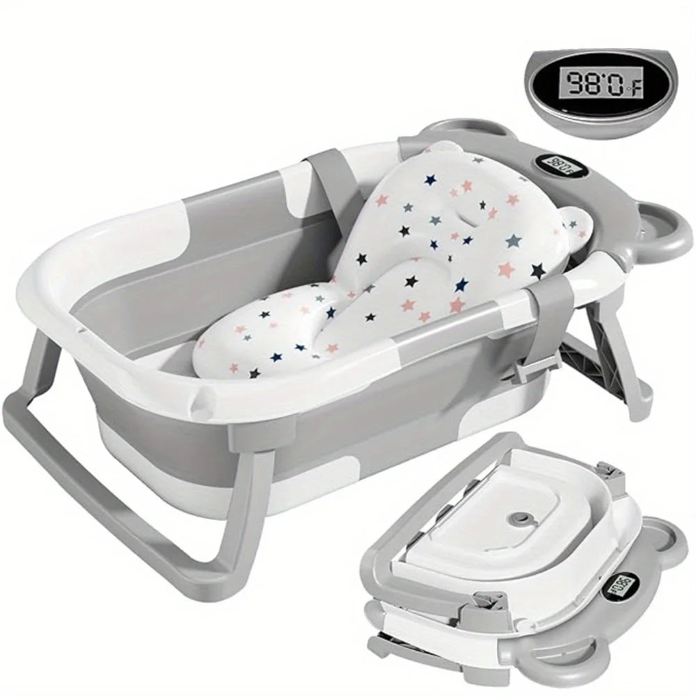 Folding Baby Bath Tub with Temperature Gauge and Cushion for 0-36 Months, Portable and Lightweight for Outdoor Bathing