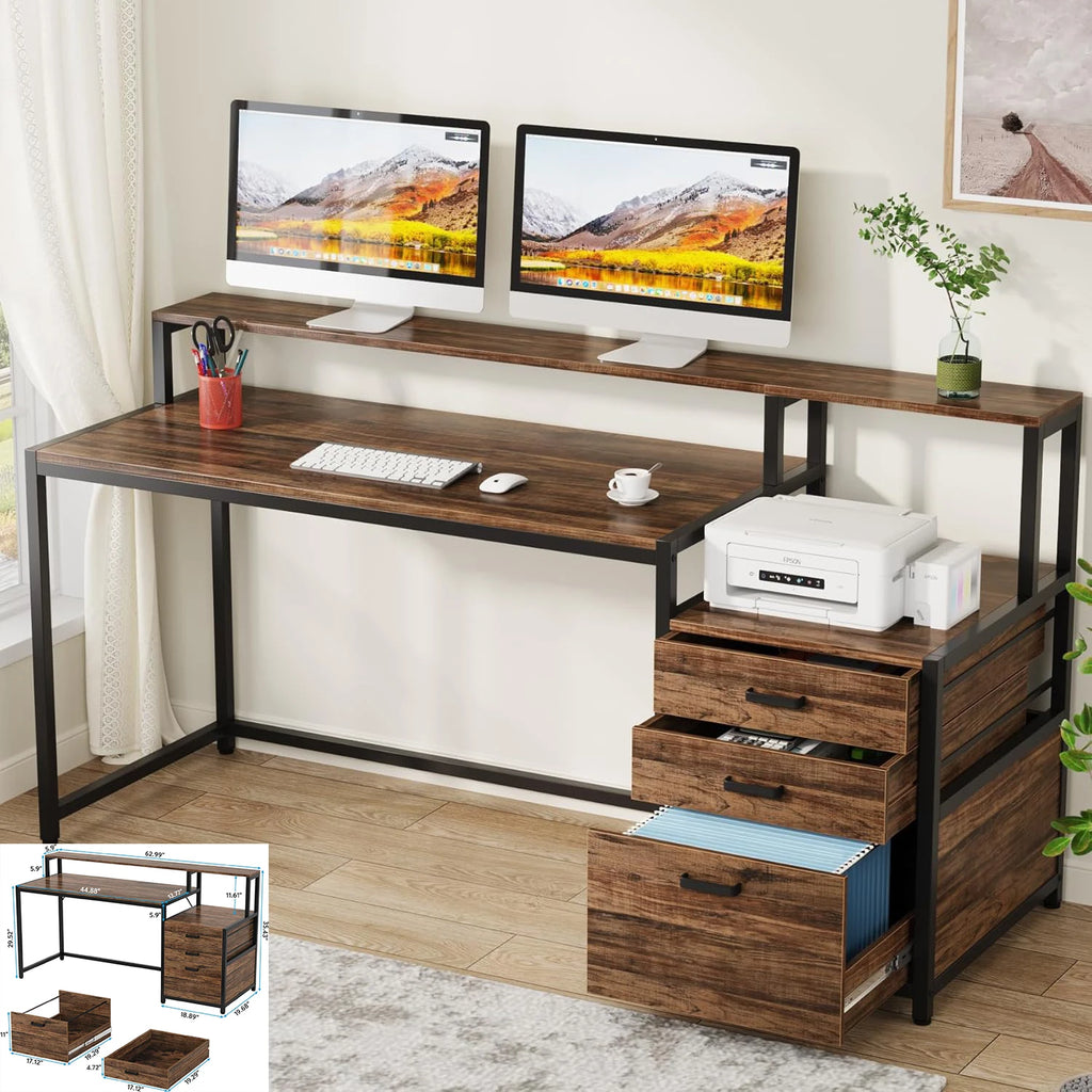 L-Shaped Computer Desk with 3 Drawers