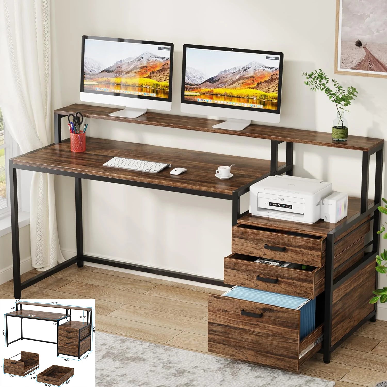 L-Shaped Computer Desk with 3 Drawers