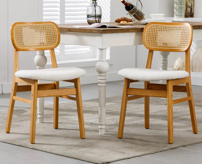 Rattan Dining Chairs Set of 2 Curved Back Farmhouse Dining Room Chairs Mid Century Modern Wood Kitchen Chairs Sherpa Upho