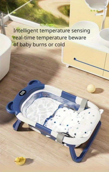 Folding Baby Bath Tub with Temperature Gauge and Cushion for 0-36 Months, Portable and Lightweight for Outdoor Bathing