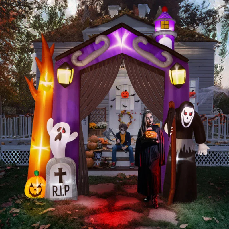 Inflatables Haunted House Castle Archway Outdoor Decorations, Scary Giant Grim Reaper Blow Up Ghost Decorations Holiday Party
