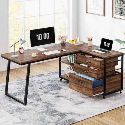L-Shaped Computer Desk with 3 Drawers