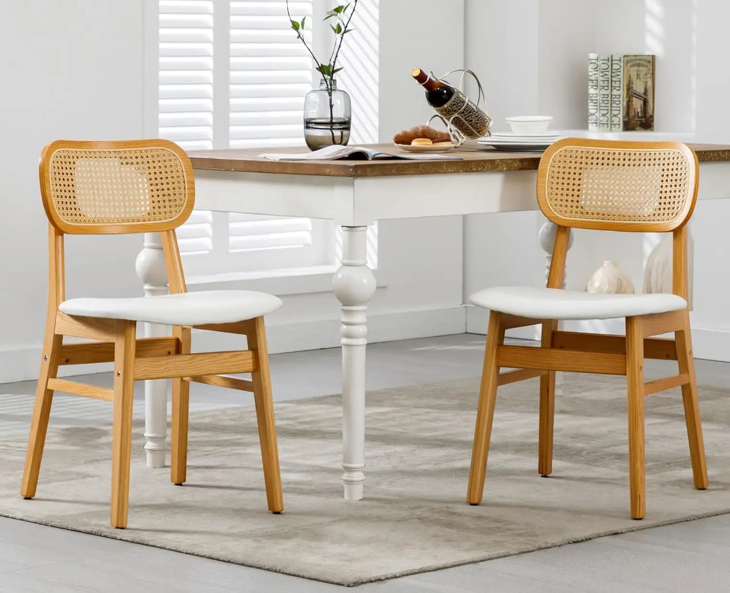 Rattan Dining Chairs Set of 2 Curved Back Farmhouse Dining Room Chairs Mid Century Modern Wood Kitchen Chairs Sherpa Upho