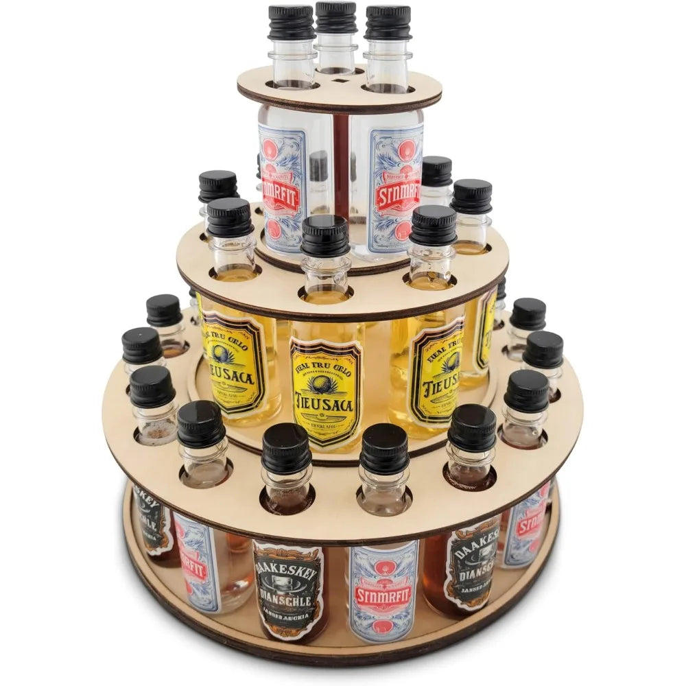 party centerpiece display for mini liquor bottles | 21st birthday holiday celebration decoration (three tier, natural wood)