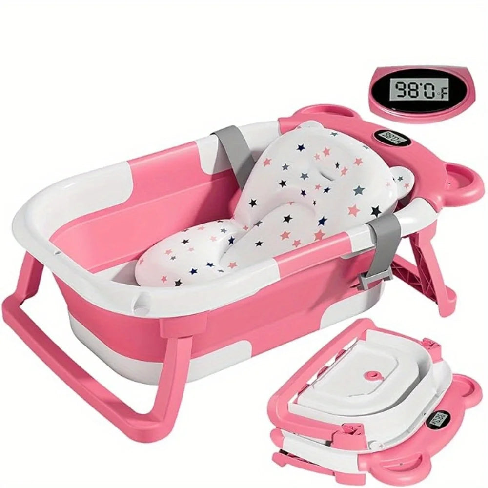 Folding Baby Bath Tub with Temperature Gauge and Cushion for 0-36 Months, Portable and Lightweight for Outdoor Bathing