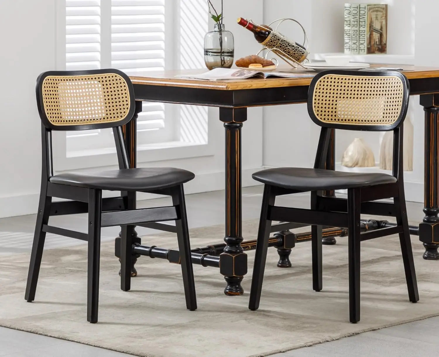 Rattan Dining Chairs Set of 2 Curved Back Farmhouse Dining Room Chairs Mid Century Modern Wood Kitchen Chairs Sherpa Upho