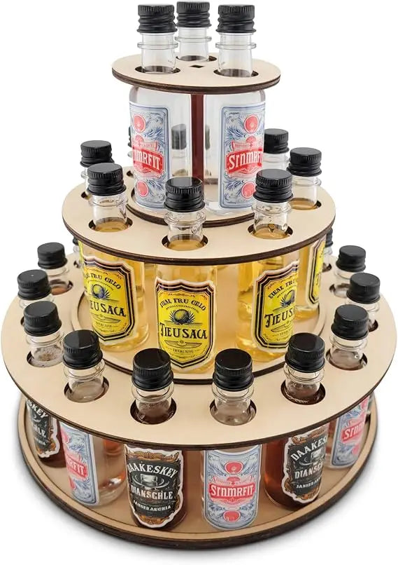 party centerpiece display for mini liquor bottles | 21st birthday holiday celebration decoration (three tier, natural wood)