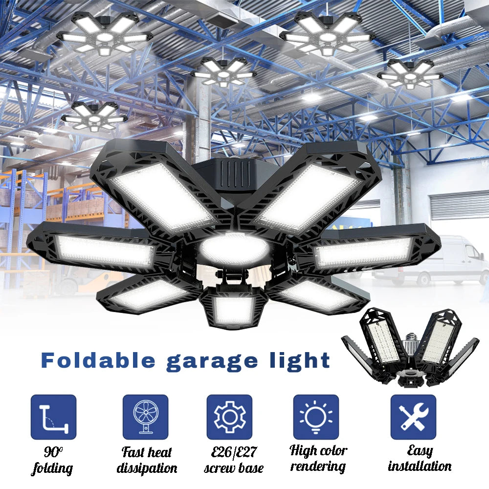 Folding Garage Lighting 120W LED Light E26 E27 Ceiling Lamp LED High Bay Lights UFO Deformable Bulb Garagenleuchte for Workshop