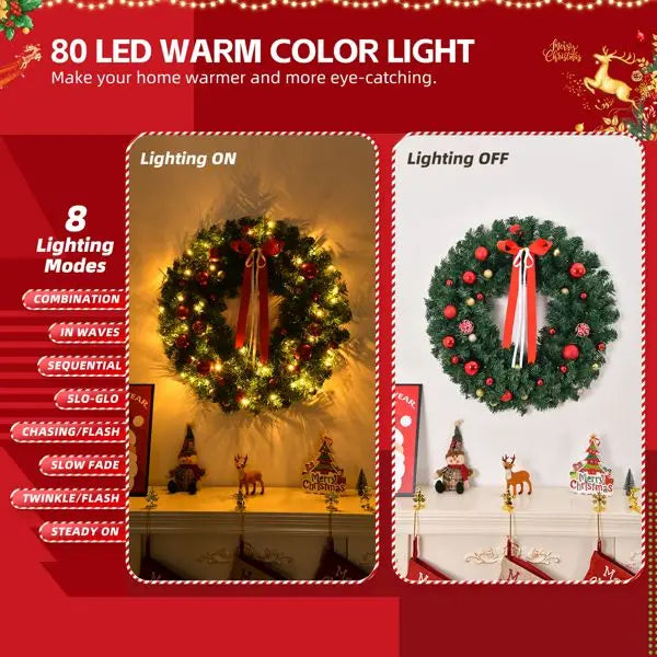 36in Lighted Artificial Christmas Wreath with Warm LED Lights & Timer