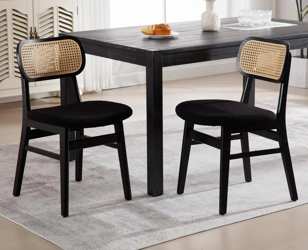 Rattan Dining Chairs Set of 2 Curved Back Farmhouse Dining Room Chairs Mid Century Modern Wood Kitchen Chairs Sherpa Upho