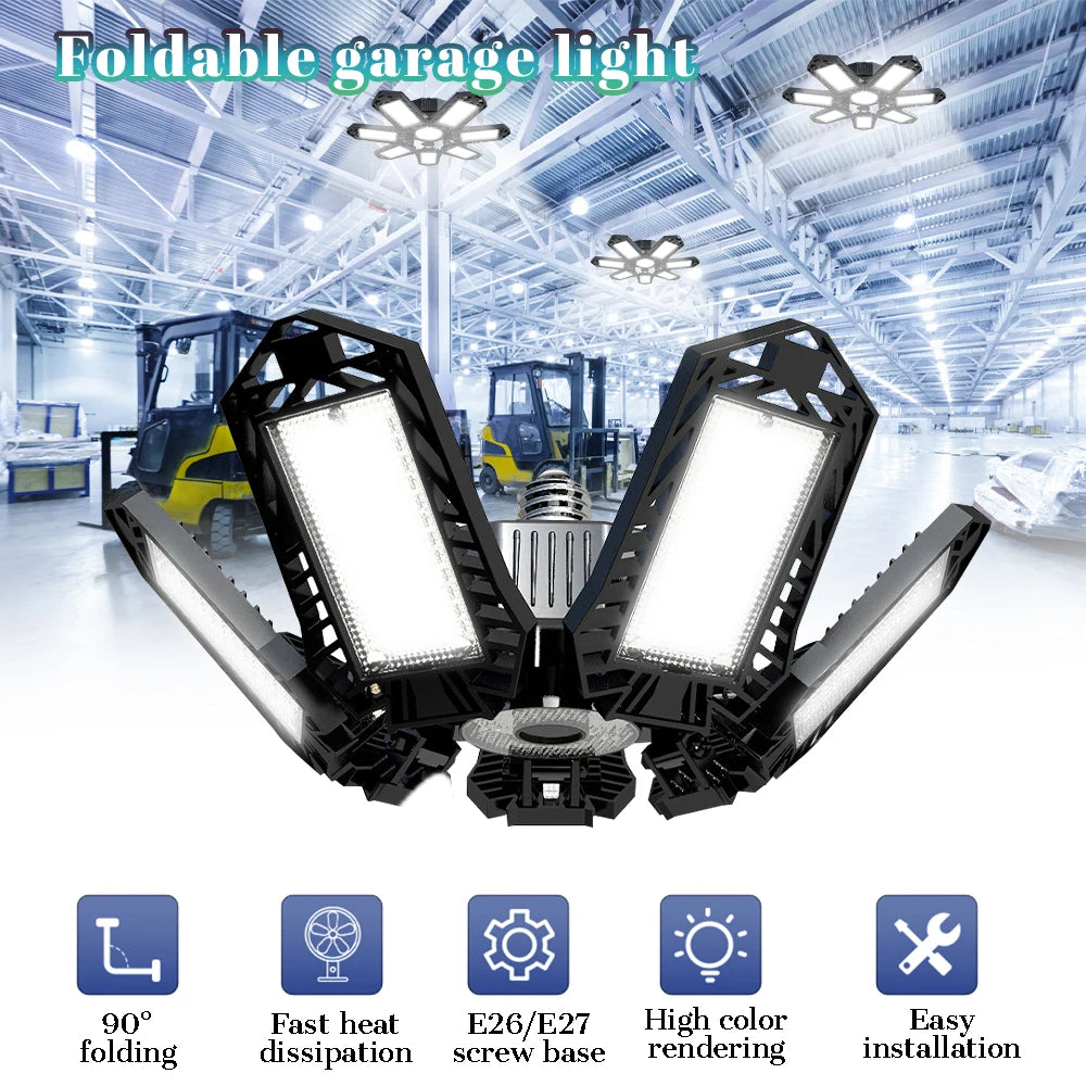 Folding Garage Lighting 120W LED Light E26 E27 Ceiling Lamp LED High Bay Lights UFO Deformable Bulb Garagenleuchte for Workshop