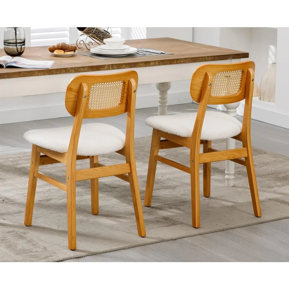 Rattan Dining Chairs Set of 2 Curved Back Farmhouse Dining Room Chairs Mid Century Modern Wood Kitchen Chairs Sherpa Upho