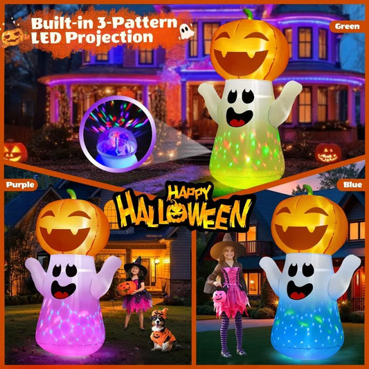 5FT Halloween Inflatables Pumpkin Ghost with Builtin 3Pattern Colorful Flashing Light for Indoor Outdoor Home Holiday Party Yar