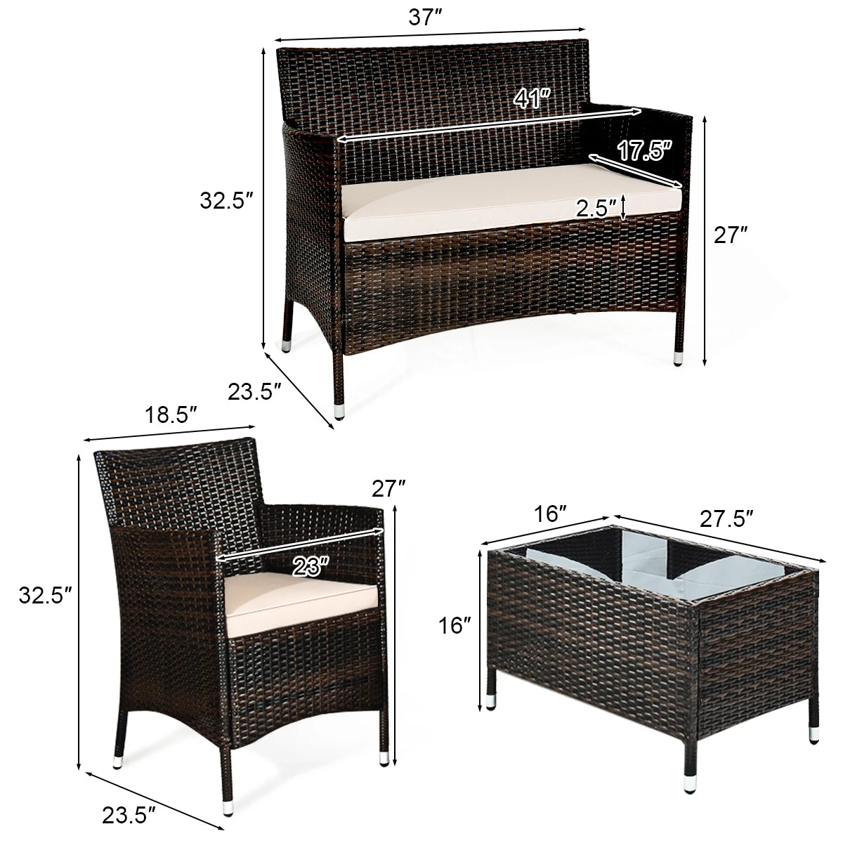 4PCS Rattan Patio Furniture Set Cushioned Sofa Chair Coffee Table Garden