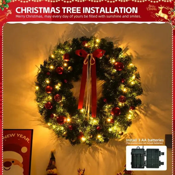 36in Lighted Artificial Christmas Wreath with Warm LED Lights & Timer