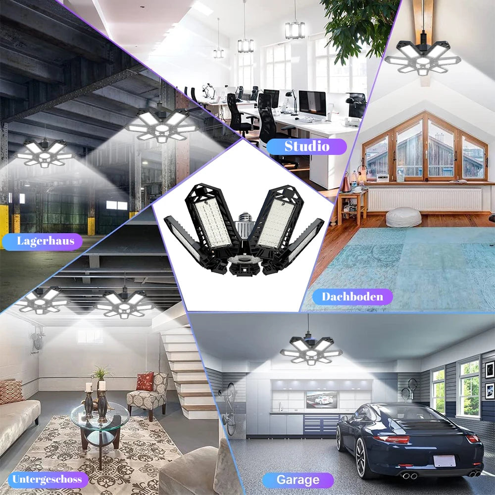Folding Garage Lighting 120W LED Light E26 E27 Ceiling Lamp LED High Bay Lights UFO Deformable Bulb Garagenleuchte for Workshop