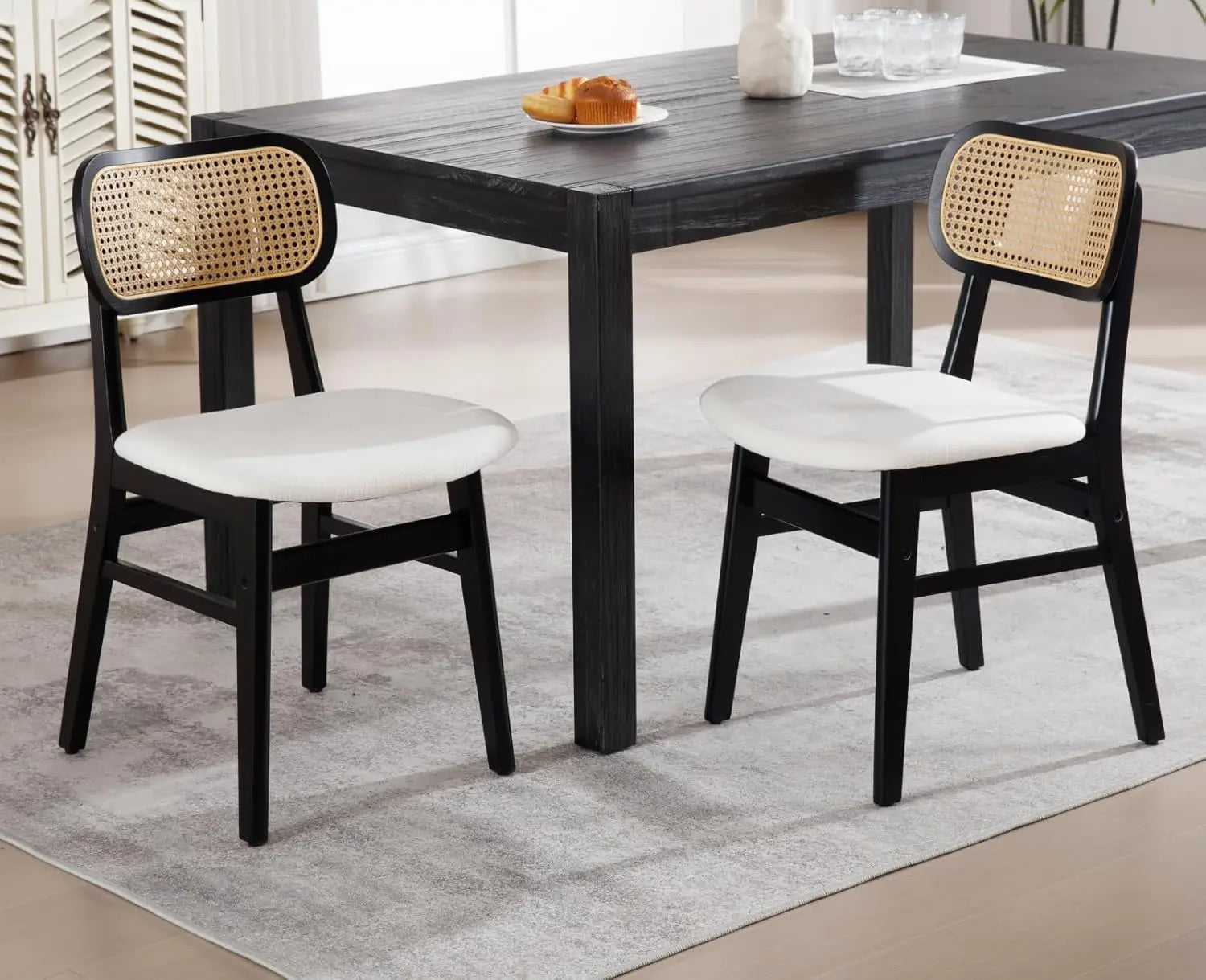 Rattan Dining Chairs Set of 2 Curved Back Farmhouse Dining Room Chairs Mid Century Modern Wood Kitchen Chairs Sherpa Upho