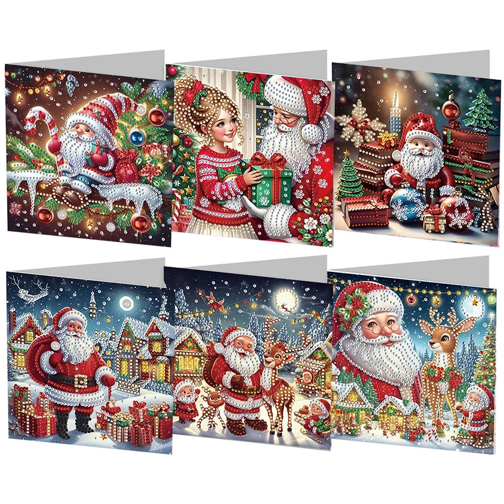 6Pcs Christmas Candle Diamond Handmade Card Rhinestone Painting Card Kit