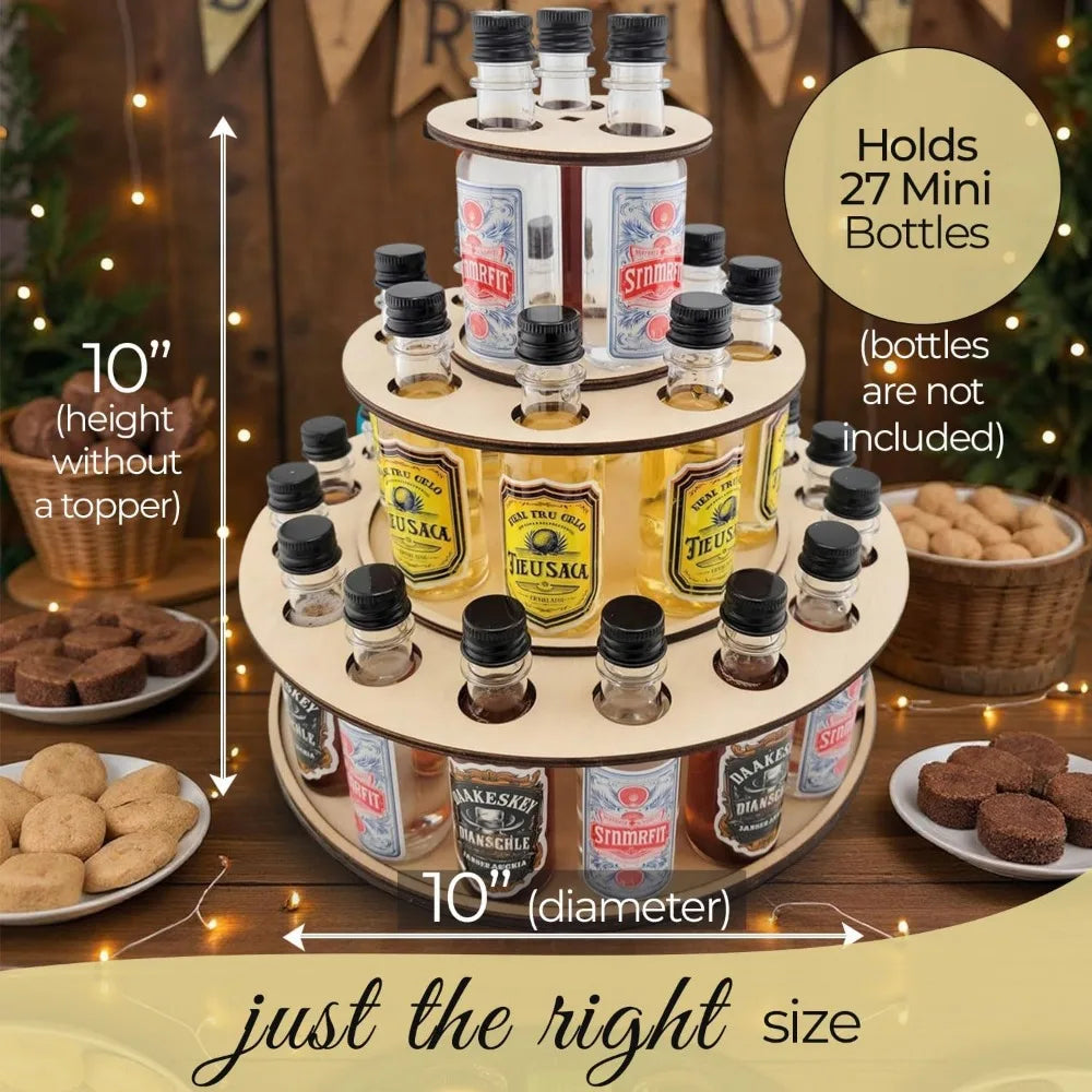 party centerpiece display for mini liquor bottles | 21st birthday holiday celebration decoration (three tier, natural wood)