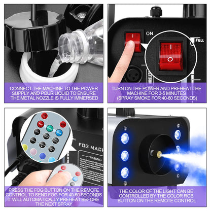 1200W Fog Machine 6LEDs Remote Fogger Ejector