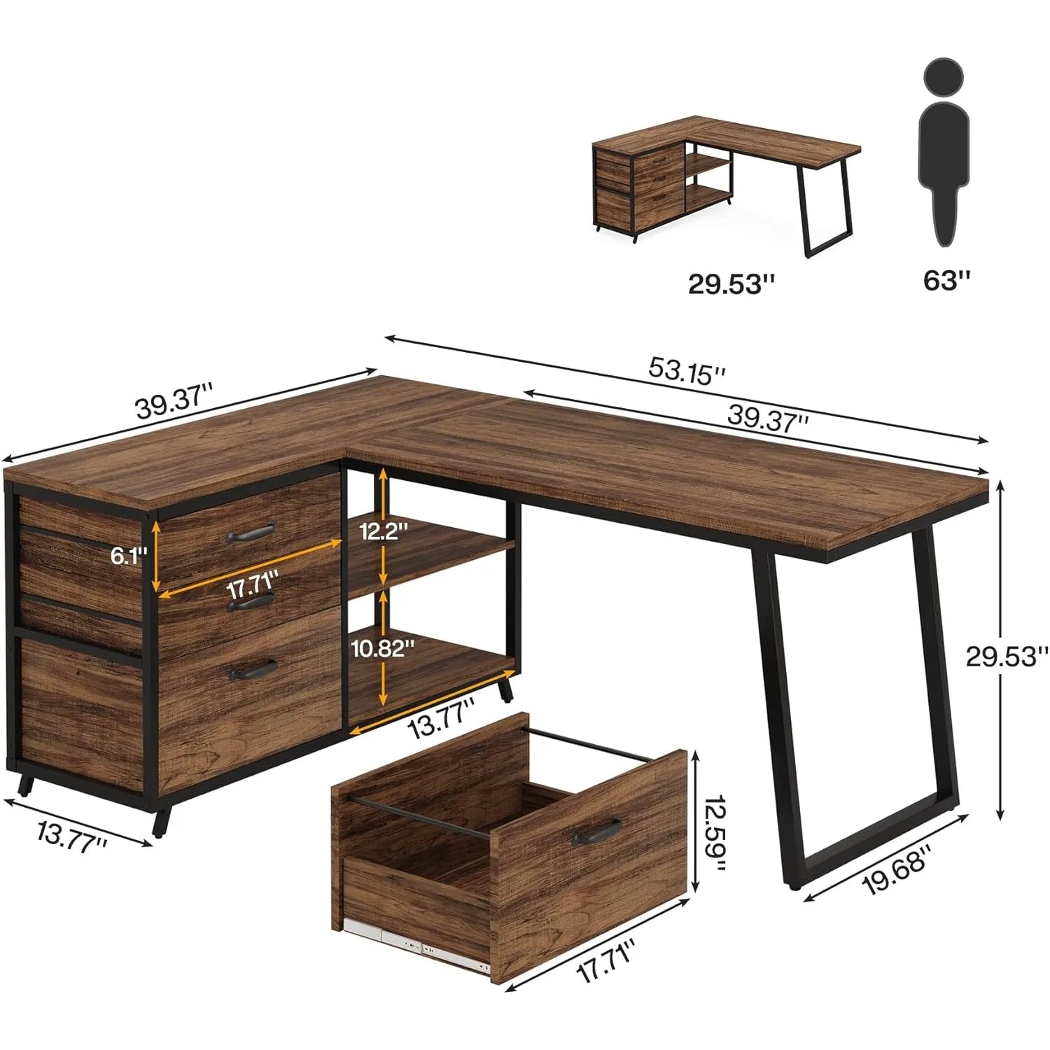 L-Shaped Computer Desk with 3 Drawers
