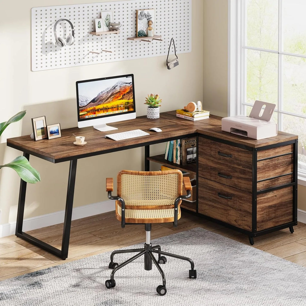 L-Shaped Computer Desk with 3 Drawers